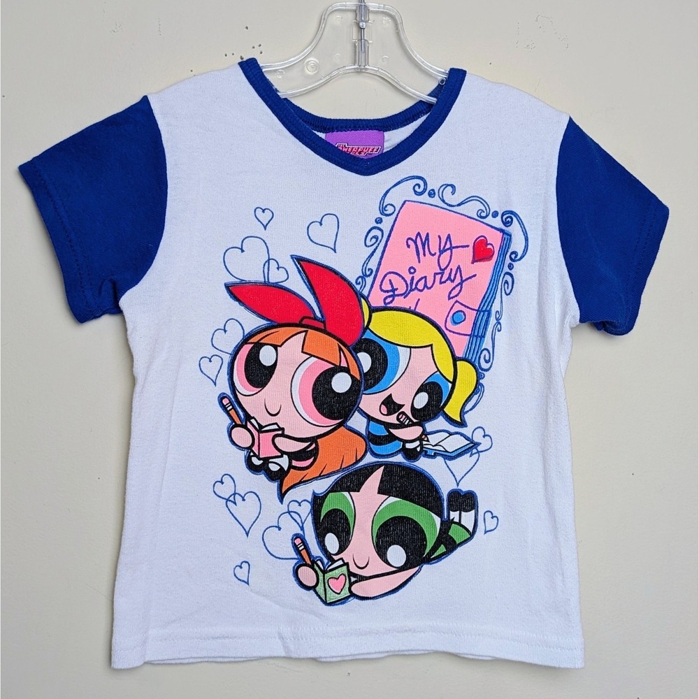 Vintage Powerpuff Girls Diary Cartoon Network‎ 2001 Y2K Ringer Shirt Size 6